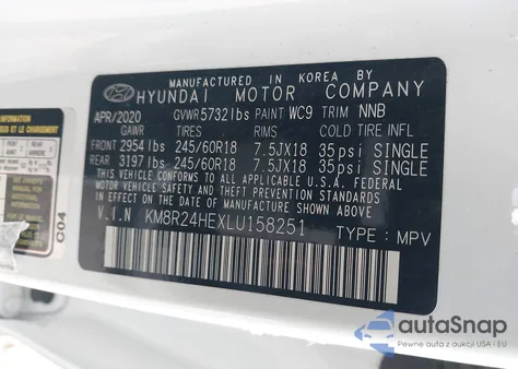 2020 Hyundai Palisade Sel z USA, uszkodzony, nr VIN KM8R24HEXLU158251